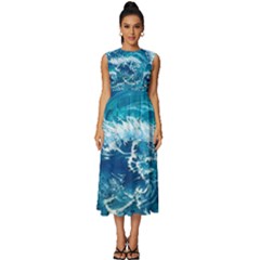 Abstract Blue Ocean Waves Iii Sleeveless Round Neck Midi Dress