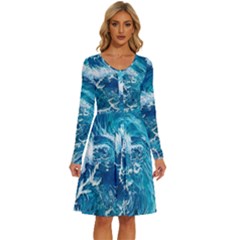 Abstract Blue Ocean Waves Iii Long Sleeve Dress With Pocket by GardenOfOphir