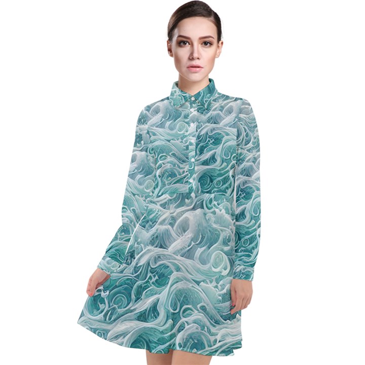 Nature Ocean Waves Long Sleeve Chiffon Shirt Dress