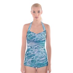 Nature Ocean Waves Boyleg Halter Swimsuit  by GardenOfOphir