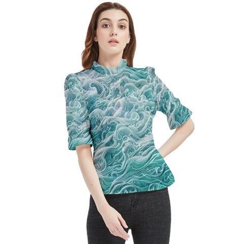 Nature Ocean Waves Frill Neck Blouse by GardenOfOphir