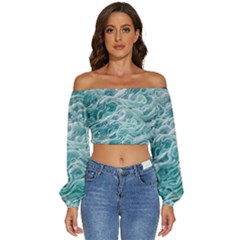 Nature Ocean Waves Long Sleeve Crinkled Weave Crop Top