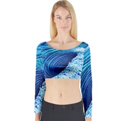 Simple Blue Ocean Wave Long Sleeve Crop Top by GardenOfOphir