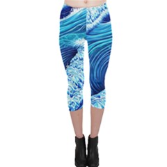 Simple Blue Ocean Wave Capri Leggings  by GardenOfOphir