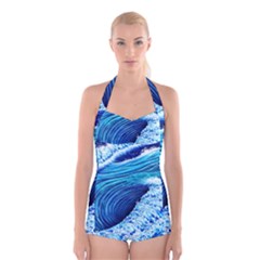 Simple Blue Ocean Wave Boyleg Halter Swimsuit  by GardenOfOphir