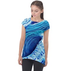 Simple Blue Ocean Wave Cap Sleeve High Low Top by GardenOfOphir