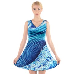 Simple Blue Ocean Wave V-neck Sleeveless Dress by GardenOfOphir