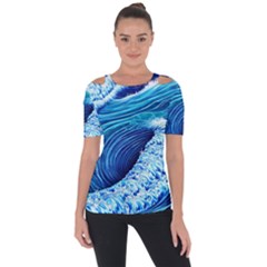 Simple Blue Ocean Wave Shoulder Cut Out Short Sleeve Top by GardenOfOphir