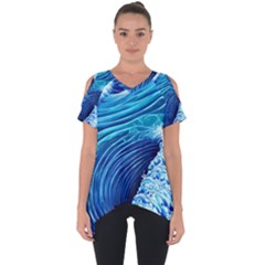 Simple Blue Ocean Wave Cut Out Side Drop Tee by GardenOfOphir