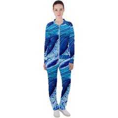 Simple Blue Ocean Wave Casual Jacket And Pants Set by GardenOfOphir