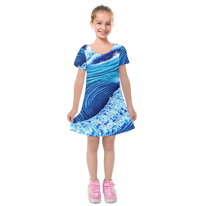 Simple Blue Ocean Wave Kids  Short Sleeve Velvet Dress