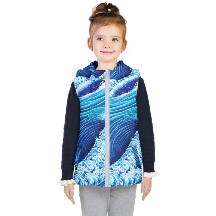 Simple Blue Ocean Wave Kids  Hooded Puffer Vest