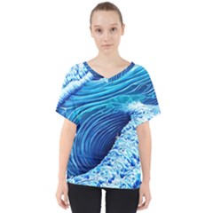 Simple Blue Ocean Wave V-neck Dolman Drape Top by GardenOfOphir