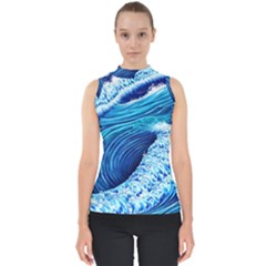 Simple Blue Ocean Wave Mock Neck Shell Top by GardenOfOphir