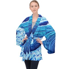 Simple Blue Ocean Wave Long Sleeve Velvet Kimono  by GardenOfOphir