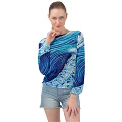 Simple Blue Ocean Wave Banded Bottom Chiffon Top by GardenOfOphir