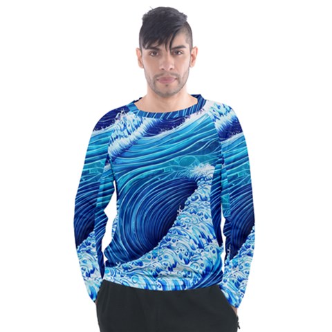 Simple Blue Ocean Wave Men s Long Sleeve Raglan Tee by GardenOfOphir