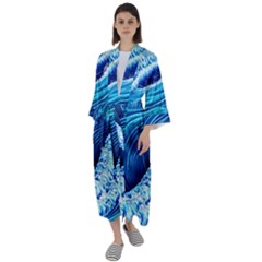 Simple Blue Ocean Wave Maxi Satin Kimono by GardenOfOphir