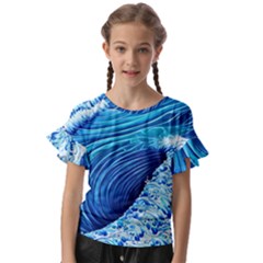 Simple Blue Ocean Wave Kids  Cut Out Flutter Sleeves by GardenOfOphir