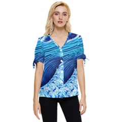 Simple Blue Ocean Wave Bow Sleeve Button Up Top by GardenOfOphir