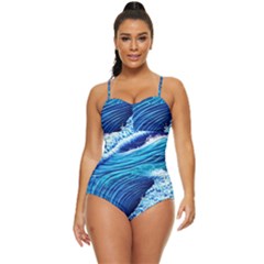 Simple Blue Ocean Wave Retro Full Coverage Swimsuit