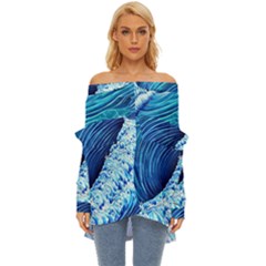 Simple Blue Ocean Wave Off Shoulder Chiffon Pocket Shirt by GardenOfOphir