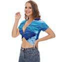 Simple Blue Ocean Wave Twist Front Crop Top View2