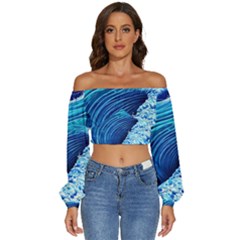 Simple Blue Ocean Wave Long Sleeve Crinkled Weave Crop Top