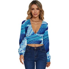 Simple Blue Ocean Wave Long Sleeve Deep-v Velour Top