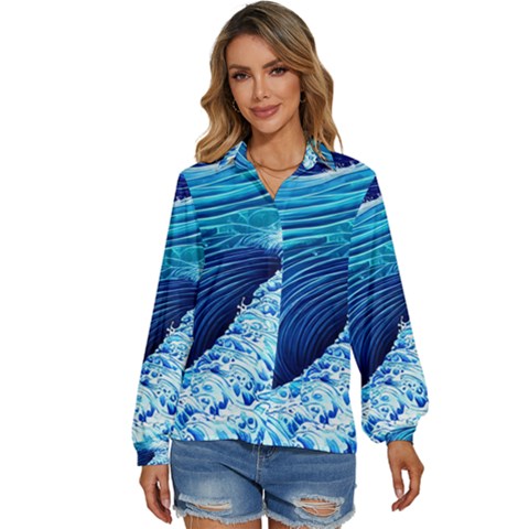 Simple Blue Ocean Wave Women s Long Sleeve Button Down Shirt by GardenOfOphir