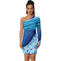 Simple Blue Ocean Wave Long Sleeve One Shoulder Mini Dress