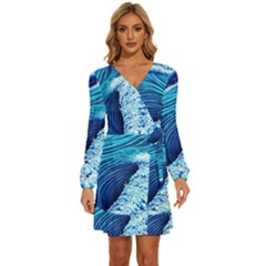 Simple Blue Ocean Wave Long Sleeve Waist Tie Ruffle Velvet Dress