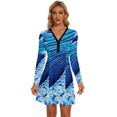 Simple Blue Ocean Wave Long Sleeve Deep V Mini Dress 