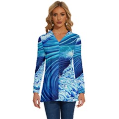 Simple Blue Ocean Wave Long Sleeve Drawstring Hooded Top