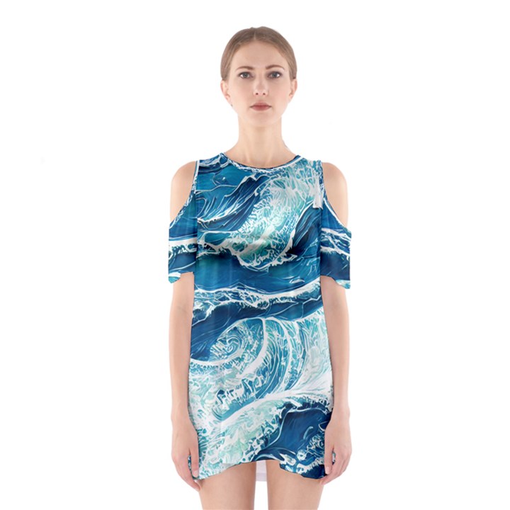 Summer Ocean Waves Shoulder Cutout One Piece Dress