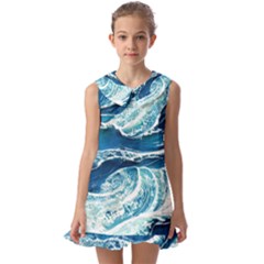 Summer Ocean Waves Kids  Pilgrim Collar Ruffle Hem Dress