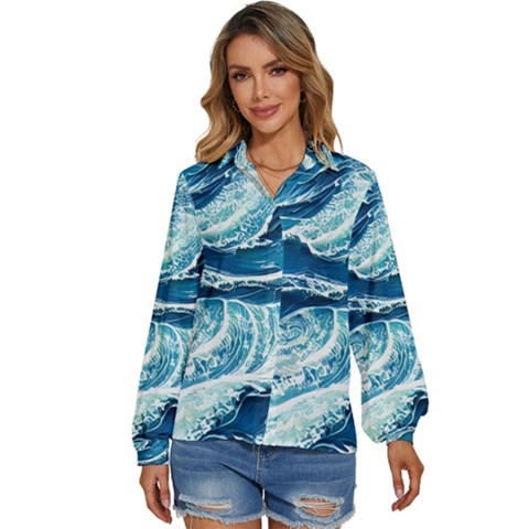 Summer Ocean Waves Women s Long Sleeve Button Down Shirt by GardenOfOphir