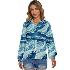 Summer Ocean Waves Women s Long Sleeve Button Down Shirt