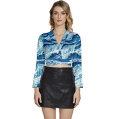 Summer Ocean Waves Long Sleeve Tie Back Satin Wrap Top