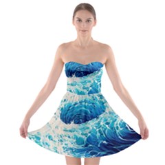 Abstract Blue Ocean Wave Ii Strapless Bra Top Dress by GardenOfOphir