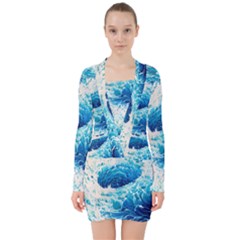 Abstract Blue Ocean Wave Ii V-neck Bodycon Long Sleeve Dress by GardenOfOphir