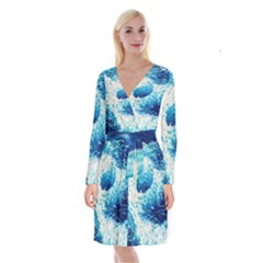 Abstract Blue Ocean Wave Ii Long Sleeve Velvet Front Wrap Dress by GardenOfOphir