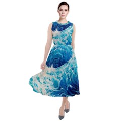 Abstract Blue Ocean Wave Ii Round Neck Boho Dress by GardenOfOphir