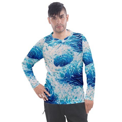 Abstract Blue Ocean Wave Ii Men s Pique Long Sleeve Tee by GardenOfOphir