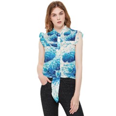 Abstract Blue Ocean Wave Ii Frill Detail Shirt by GardenOfOphir