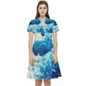 Abstract Blue Ocean Wave Ii Short Sleeve Waist Detail Dress View1