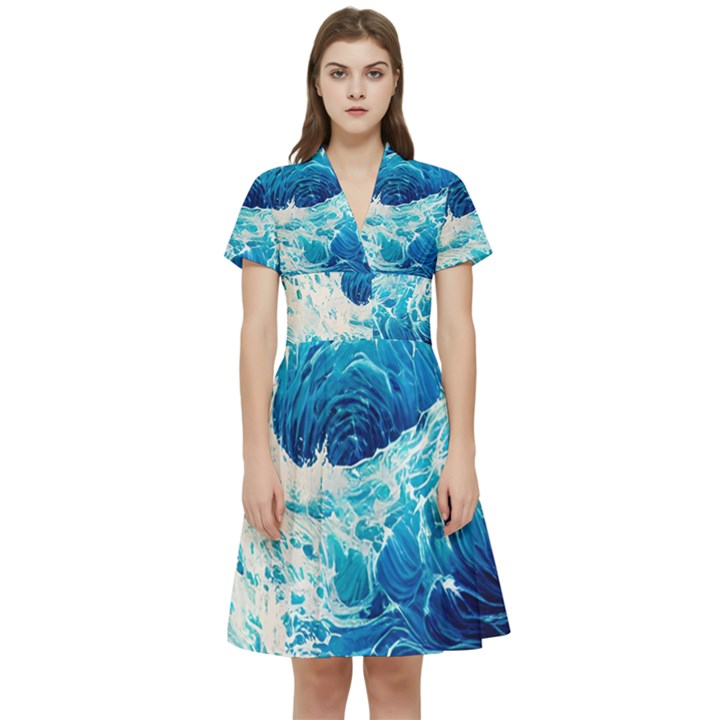 Abstract Blue Ocean Wave Ii Short Sleeve Waist Detail Dress