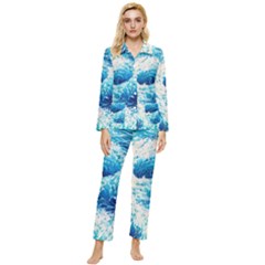 Abstract Blue Ocean Wave Ii Womens  Long Sleeve Velvet Pocket Pajamas Set by GardenOfOphir