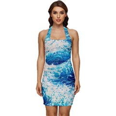 Abstract Blue Ocean Wave Ii Sleeveless Wide Square Neckline Ruched Bodycon Dress by GardenOfOphir