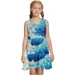 Abstract Blue Ocean Wave Ii Kids  Sleeveless Tiered Mini Dress by GardenOfOphir